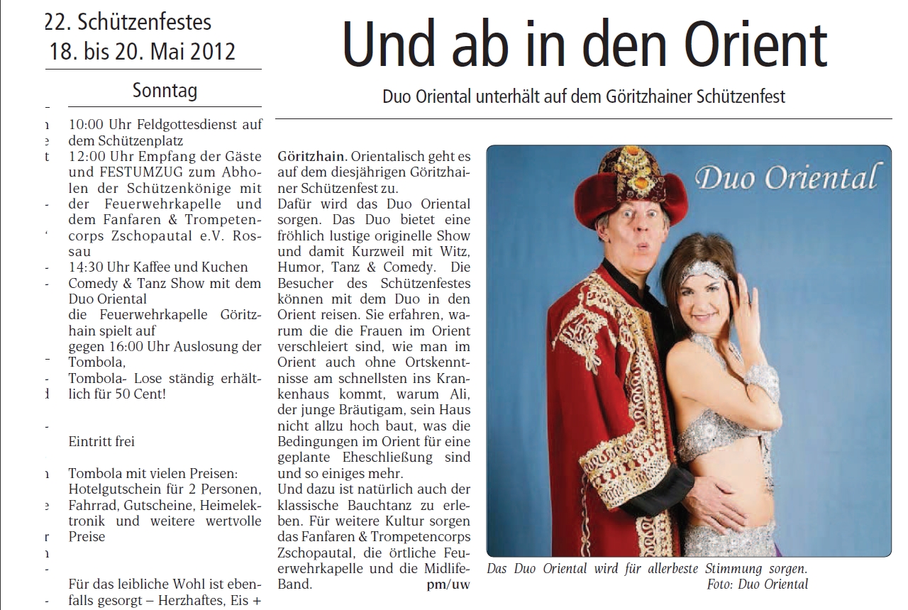 Presseartikel WOCHENSPIEGEL, Duo Oriental unterhält auf dem Göritzhainer Schützenfest